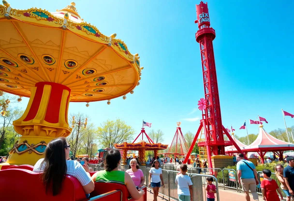 Families enjoying Six Flags amusement park rides during spring.