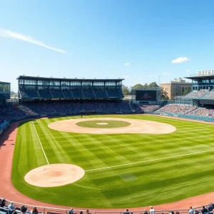 View of Stanford Softball Stadium during a game with fans in attendance.