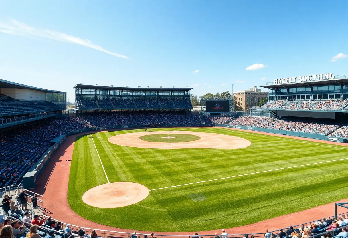View of Stanford Softball Stadium during a game with fans in attendance.