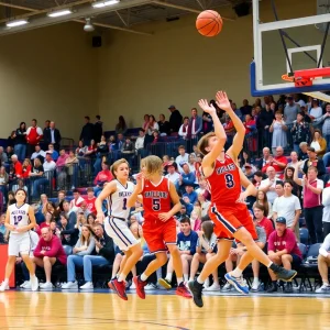 Stroud Tigers celebrating their victory against the Ripley Warriors in a basketball game.