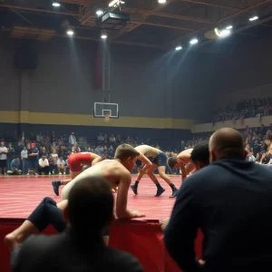 High school wrestlers competing in a tournament