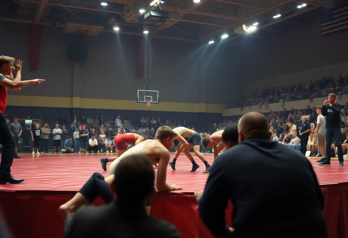 High school wrestlers competing in a tournament