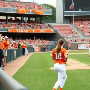 Texas Longhorns softball players in action during a game
