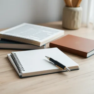 An illustration representing the concept of thoughtful decision-making with reference materials and a peaceful setting.