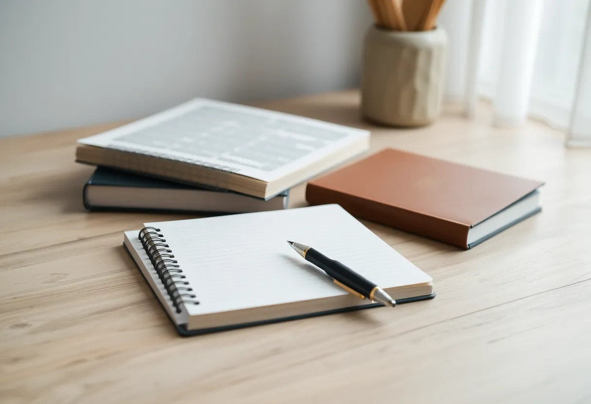 An illustration representing the concept of thoughtful decision-making with reference materials and a peaceful setting.