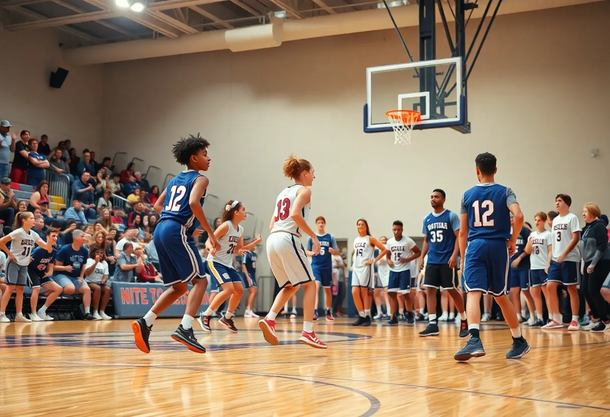 High school basketball teams in action during the game